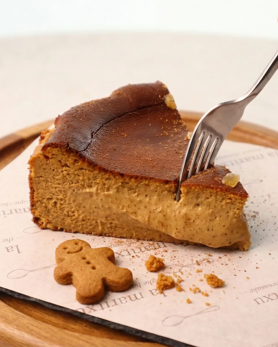 La Maritxu Gingerbread Basque cheesecake slice with gingerbread man