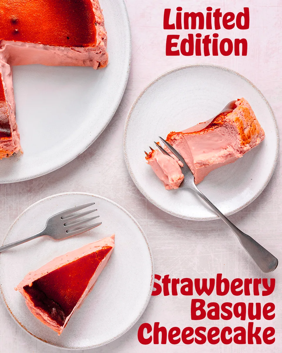 La Maritxu Limited Edition Strawberry Basque cheesecake on two plates